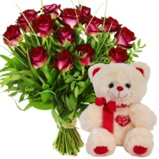 Red roses + I love you hug (Bouquet of 9 red roses + White cuddly toy with red I Love You heart)