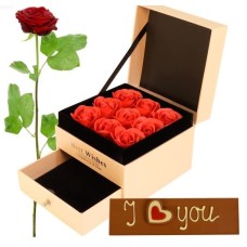 Jewelery box + I love you bar (Jewelery box with red artificial roses in the drawer + chocolate bar I love you)