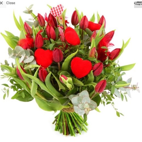 Deliver a bouquet of tulips + hearts (Bouquet red tulips + heart + feathers)