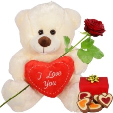 White cuddly toy with heart + hearts of chocolate + rose (White teddy bear I Love You heart + 140 grams Heart chocolate + red rose on water + bottle of Spanish white wine)