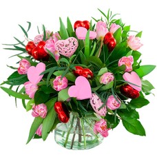Pink tulips bouquet with hearts