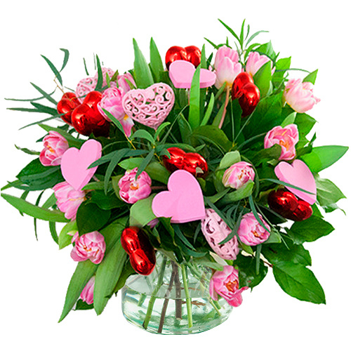 Pink tulips bouquet with hearts