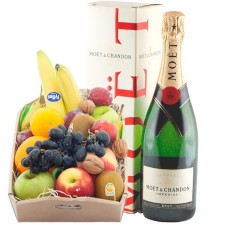 Fruit box with luxury bottle of MoÃ«t & Chandon champagne