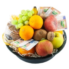 Fruit basket 30cm seasonal fruit tea and cookie