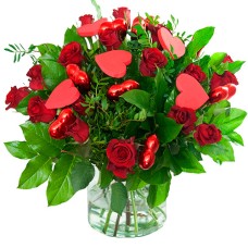 Valentine bouquet of red roses with hearts