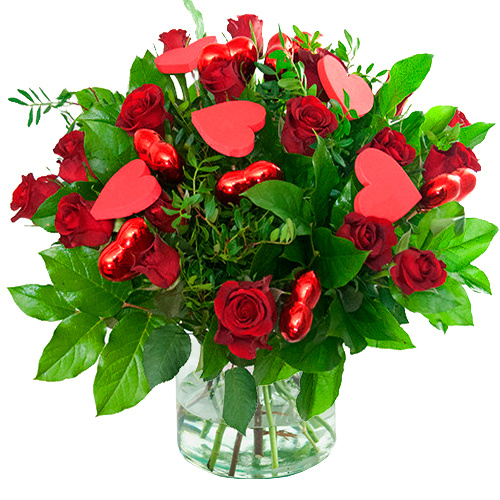 Valentine bouquet of red roses with hearts