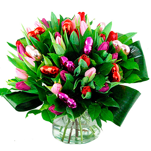 Valentine bouquet of red pink purple tulips