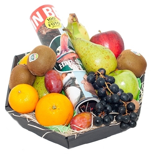 Fruit basket with magazine woman