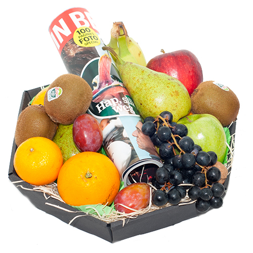 Fruit basket with magazine man