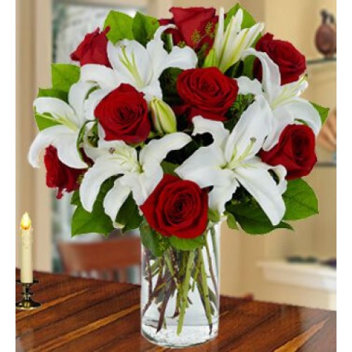 Red Ruby Bouquet (10 White Lilies And  8 Stems of Red Roses)