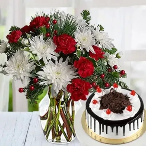 Carnation & Chrysanthemums With Cake (Classic)