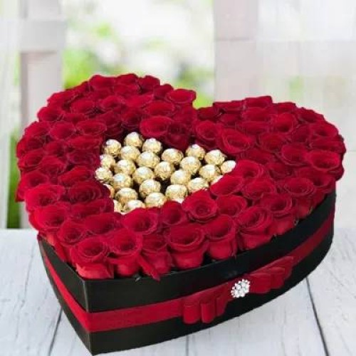 Heart Shaped Arrangement Roses And Chocolates (Classic)