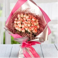 Bouquet Of Peach Roses (Bouquet of 30 stems of peach roses with babys breath fillers)