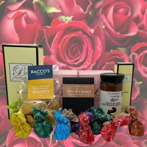 Red Roses Fragrance and Gourmet Goodies