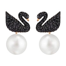 ICONIC SWAN PIERCED EARRING JACKETS, BLACK, ROSE GOLD PLATING