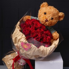 Cuddle Teddy Fresh Red Roses Bouquet
