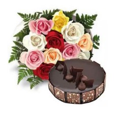 Dozen Multi Roses with Fudge Cake OM