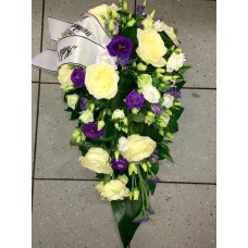Funeral arrangement-white roses, violet with lisianthus