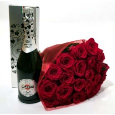 Bouquet of red roses and Asti Martini giftbox (11 roses)