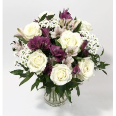 Beautiful morning- white roses, pink and violet alstromerias (Classic)