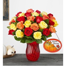 Assorted Fall Rose Bouquet (18 Stems with Clear Vase & Suncatcher)