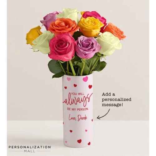 Always Be My Person Bouquet with Personalized Vase (with One Dozen Assorted Roses)