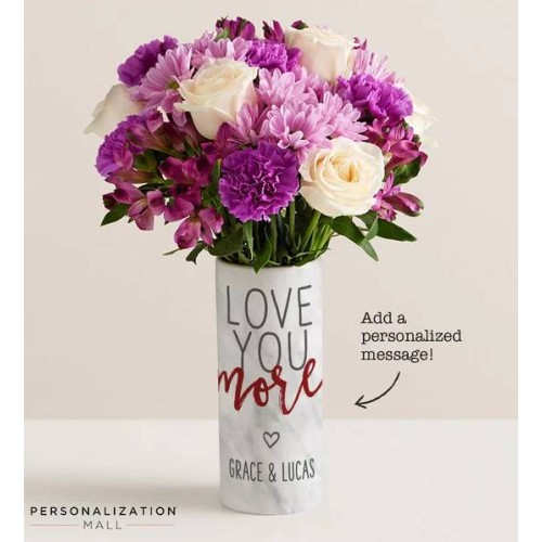 Love You More Bouquet with Personalized Vase (with Lavender Garden Bouquet)