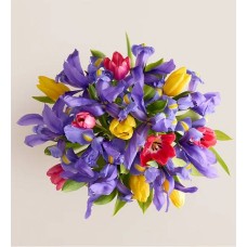 Fanciful Spring Tulip & Iris Bouquet (with Floral Meadow Vase)