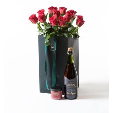 Red roses in gift bag with bubbles and chocolate (None selected)