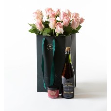 Pink roses in gift bag with bubbles and chocolate (None selected)