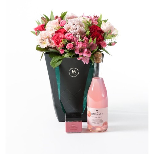 Rose bouquet in a gift bag with lemonade and wine gum (None selected)