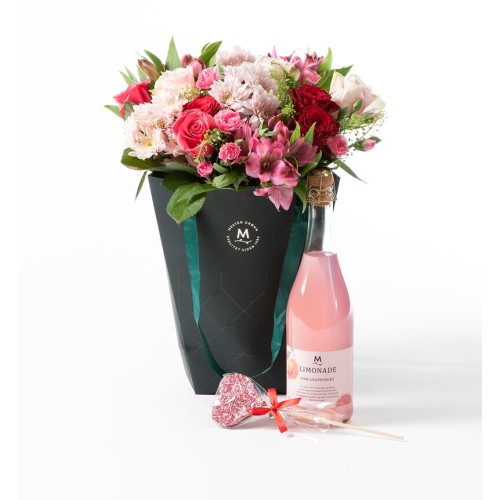 Rose bouquet in a gift bag with lemonade and heart chocolate (None selected)