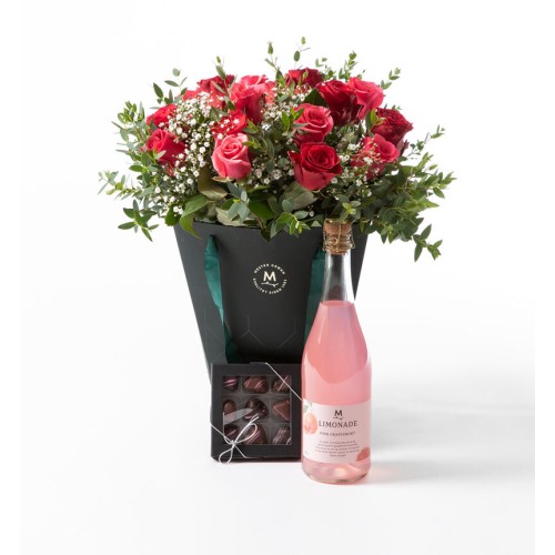 Rose bouquet in gift bag with lemonade and chocolates (None selected)