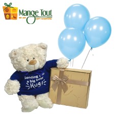 Sending you a Big Bear Hug Blue Teddy, Belgian Chocs and Balloons
