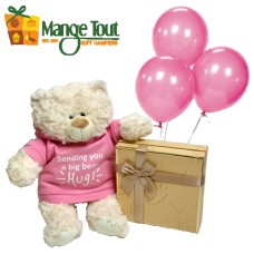 Sending You A Big Bear Hug Pink Teddy, Belgian Chocs & Balloons