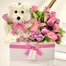 Teddy shape Pink Roses & Lilies Gift Box