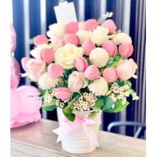 Strawberries & Macarons with Flowers Vase