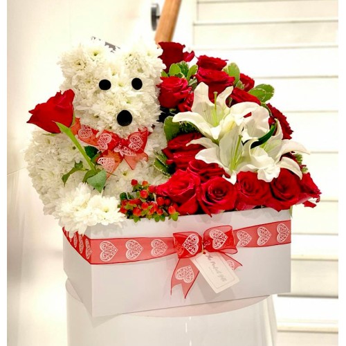 Teddy shape Red Roses & Lilies Gift Box