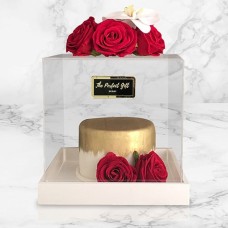 Golden Cake With Red Roses In Transparent Gift Box
