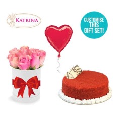 Roses, Balloon & Red Velvet Cake Gift Set