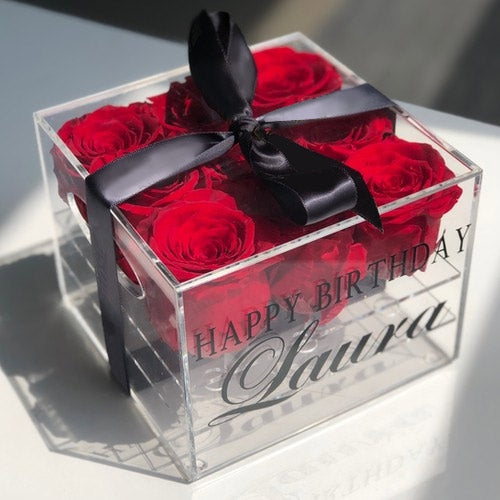 Personalised Everlasting Red Roses in acrylic box