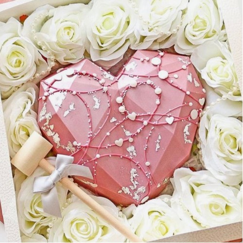 Pink Choco-Smash Heart Cake with white Roses