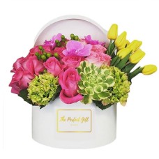 Pink Roses & Yellow Tulips Round Gift Box