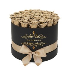 Golden Roses in a black round Box (30 Roses)