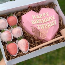 Birthday Pink Choco-Smash Heart Cake with Dipped Strawberries