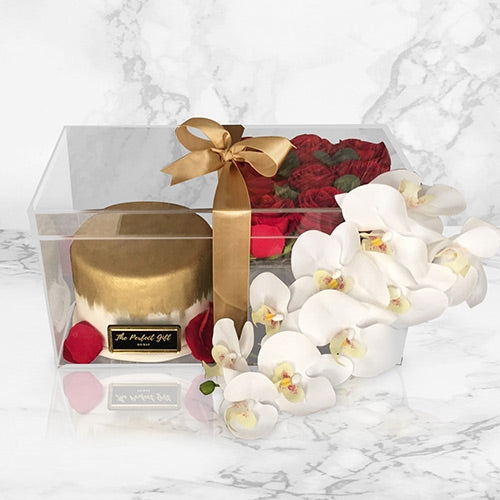 Golden Cake, Red Roses & Orchids in Acrylic Gift Box