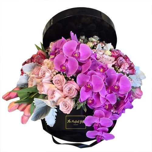 Orchids, Roses & Tulips Round Gift Box