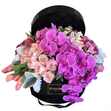 Orchids, Roses And Tulips Round Gift Box