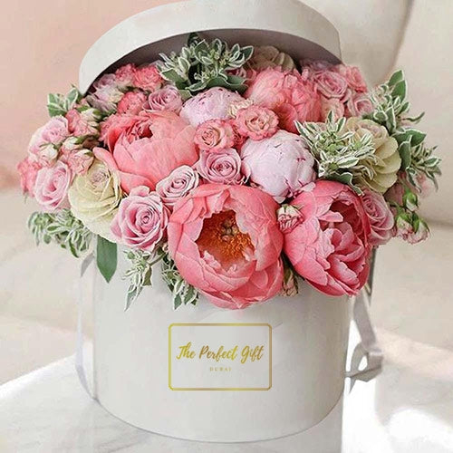 Pastel Pink Peonies in Round Gift Box