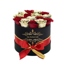 Red & Gold Roses in black Round Gift Box (12 Roses)